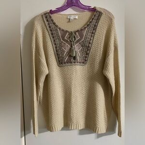 Vintage America Beige Sweater with Patterned Neckline with tie strings tassels